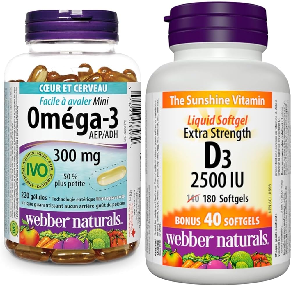 Webber Naturals Omega-3 300 毫克迷你装,220 粒透明肠溶无鱼腥味迷你软胶囊和维生素 D3 2500 IU 强效装,180 粒软胶囊