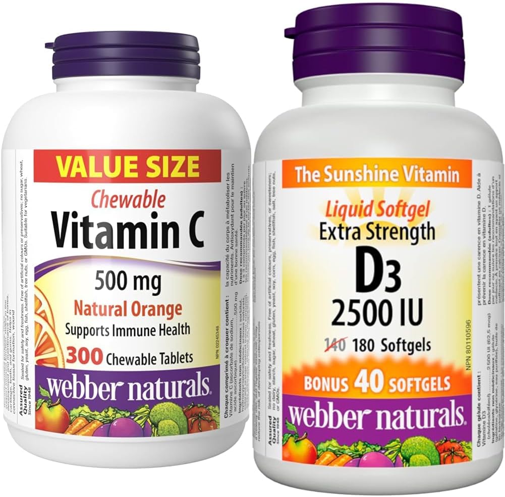 Webber Naturals 维生素 C 咀嚼片 500 毫克,300 片橙味片,适用于骨骼和牙齿,维生素 D3 2500 IU 强效,180 粒软胶囊,适用于健康的骨骼和牙齿