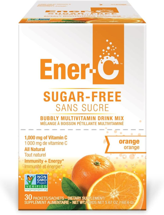 Ener-C Sugar Free Orange Multivitamin Drink Mix, 1000mg Vitamin C, Non-GMO, Vegan, Real Fruit Juice Powders, Natural Immunity Support, Electrolytes, Gluten Free, 1-Pack of 30