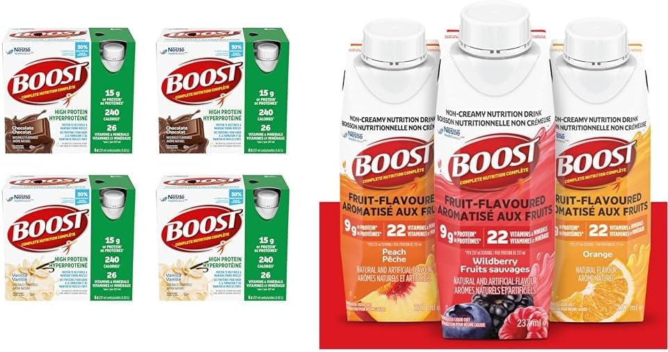 BOOST 15g Protein Meal Replacement Drink, Chocolate and Vanilla Variety Pack, 6x237ml, Case Pack of 4, Packaging May Vary & Fruit Flavoured Drink Variety Pack, 237ml, 24 count