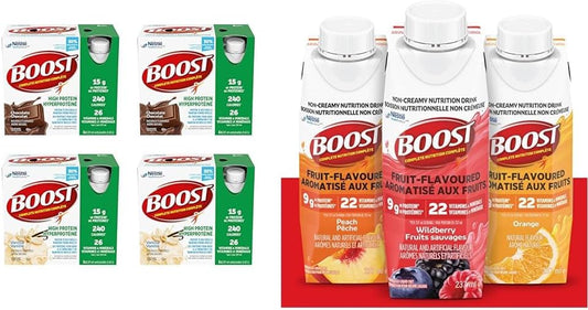 BOOST 15g Protein Meal Replacement Drink, Chocolate and Vanilla Variety Pack, 6x237ml, Case Pack of 4, Packaging May Vary & Fruit Flavoured Drink Variety Pack, 237ml, 24 count