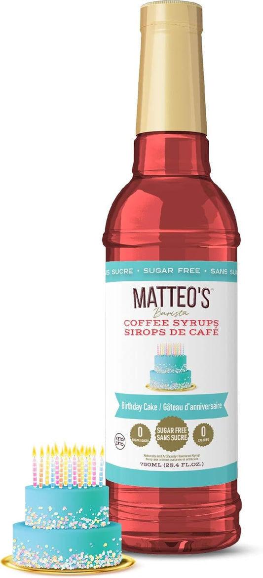 Matteo's Barista 风格无糖咖啡糖浆,生日蛋糕口味,零卡路里和糖,适合生酮饮食,非常适合拿铁、卡布奇诺、浓缩咖啡、美式咖啡,口感浓郁,25.4 盎司 1 包