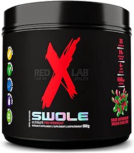 002 Red X Lab Swole, Pre-Workout Powder, Pump & Power, Extreme Strength, Ultra Concentrated, Citrulline Malate 2:1, Beta Alanine, For Men & Women, 25 Servings (Sour Watermelon, 500 g)