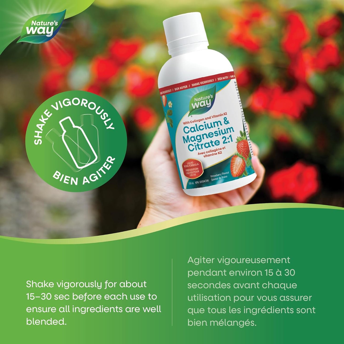Nature's Way 檸檬酸鈣鎂 2:1 液體補充劑,含維生素 K2 和膠原蛋白,有助於維持骨骼和牙齒健康,草莓味,500 毫升,包裝可能有所不同