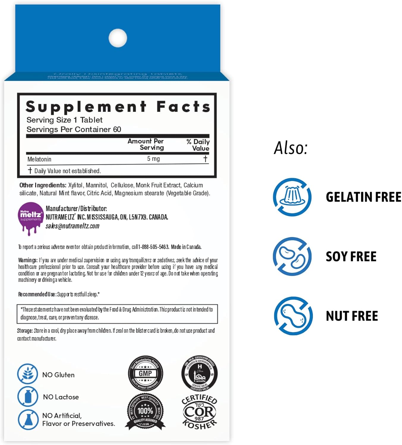 Nutrameltz 褪黑激素 5 毫克 – 天然助眠褪黑激素补充剂,缓解时差反应,帮助调节睡眠周期,速溶片,助您安睡 – 美味薄荷味(60 片)
