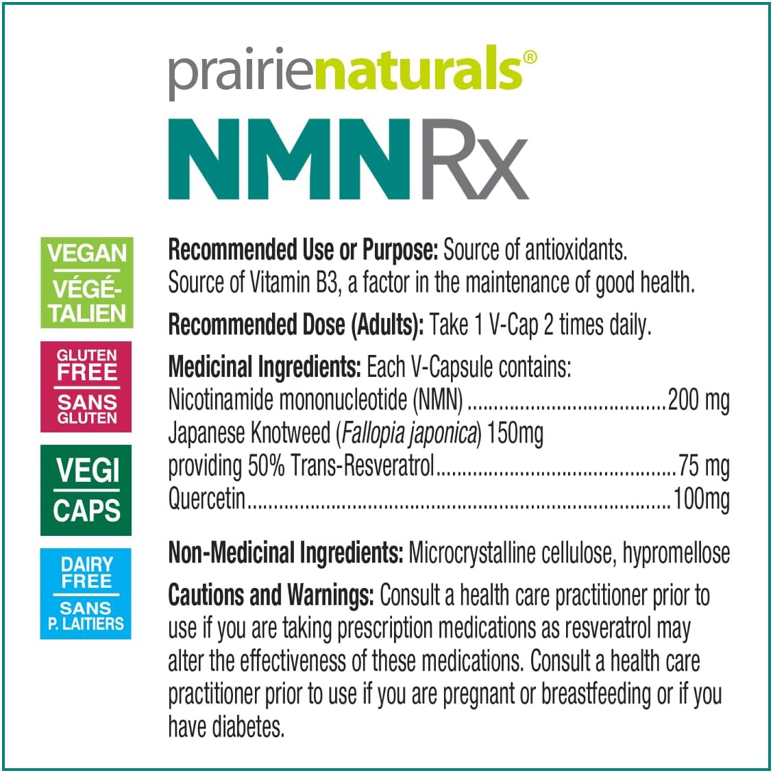 Prairie Naturals NMN Rx 200mg w/Quercetin+Resveratrol provides vitamin B3 and antioxidants - 30 Count Non-GMO, Gluten Free, Vegan