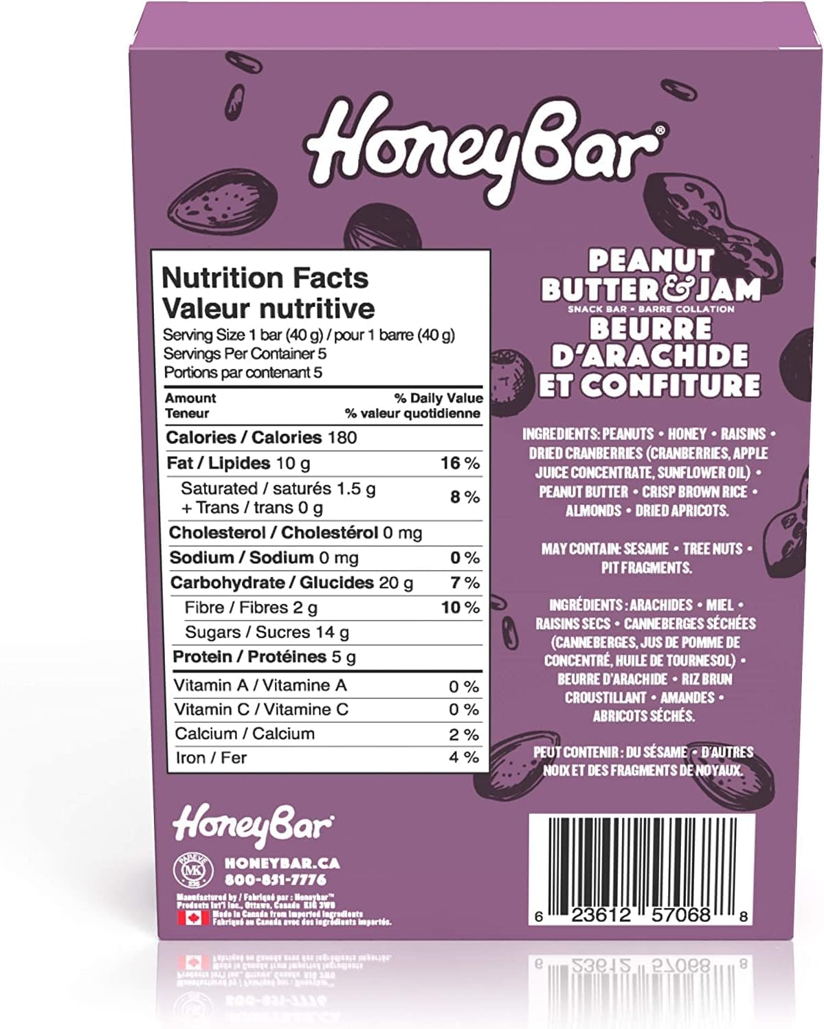 HoneyBar Snack Bars, Gluten-Free, Non-GMO, Vegetarian, 40 g Bars, 5 Count (Peanut Butter & Jam, 5 count (Pack of 1))