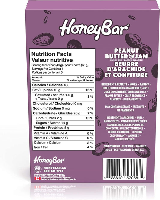 HoneyBar Snack Bars, Gluten-Free, Non-GMO, Vegetarian, 40 g Bars, 5 Count (Peanut Butter & Jam, 5 count (Pack of 1))