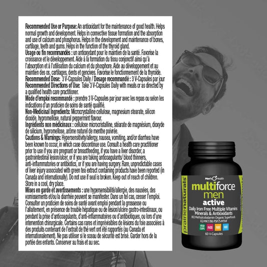 Prairie Naturals Multi-Force Men Active. Iron Free. Comprehensive B complex (Methylcobalamin B12, P5P B6, 5MTHF), MK7 Vitamin K2, Mineral complex including zinc, Betaine HCL & bromelain for absorption, Organic Chlorella …