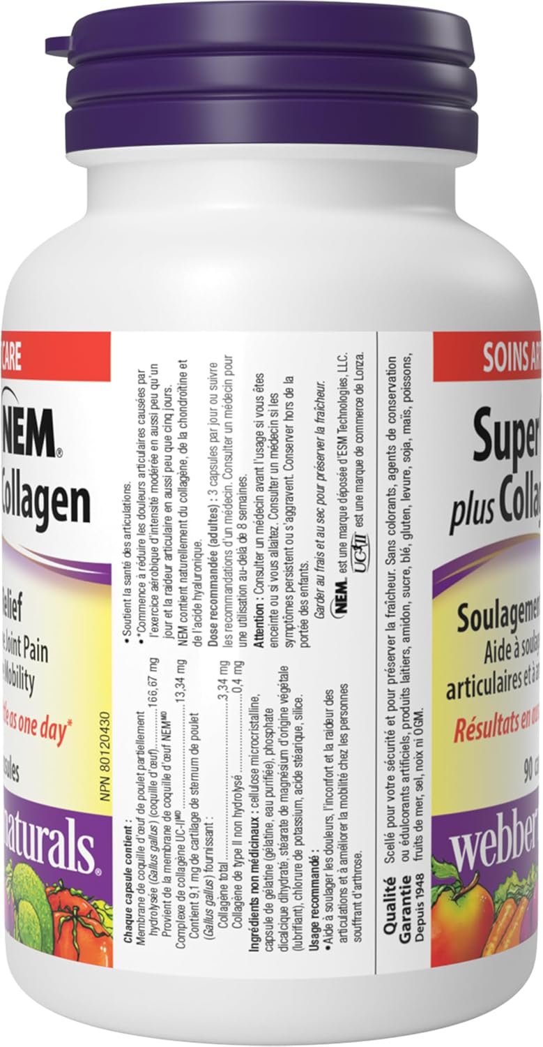 Webber Naturals Super NEM Plus UC-II 胶原蛋白,90 粒胶囊,蛋壳膜有助于缓解关节疼痛、僵硬和活动能力