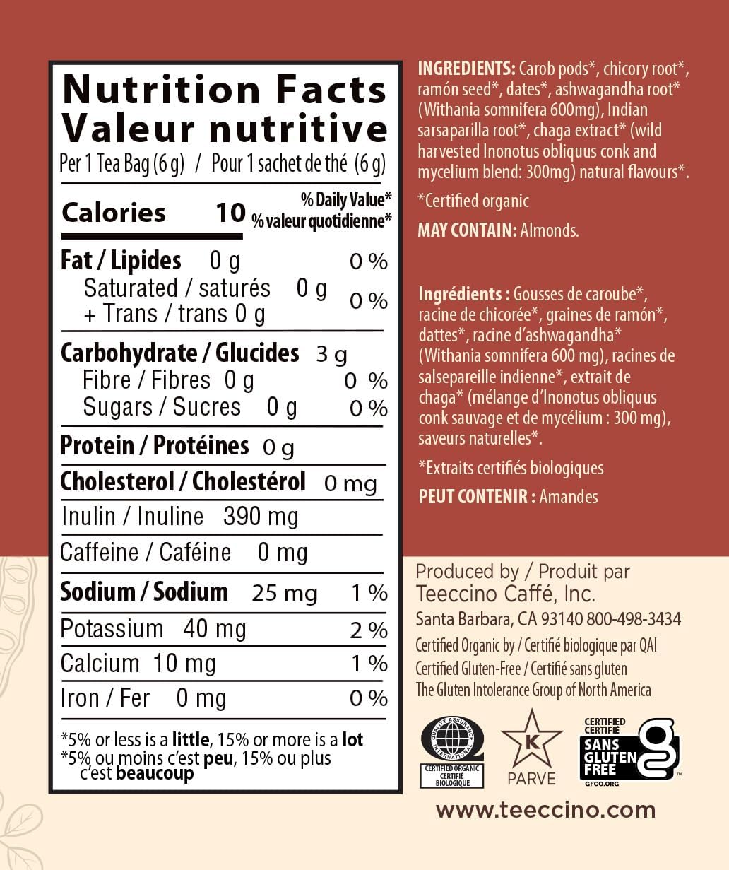 Teeccino 蘑菇适应原茶 - 白桦茸南非醉茄法式烘焙草本茶,采用野生白桦茸和阿育吠陀南非醉茄根,增强免疫力,10 个茶包