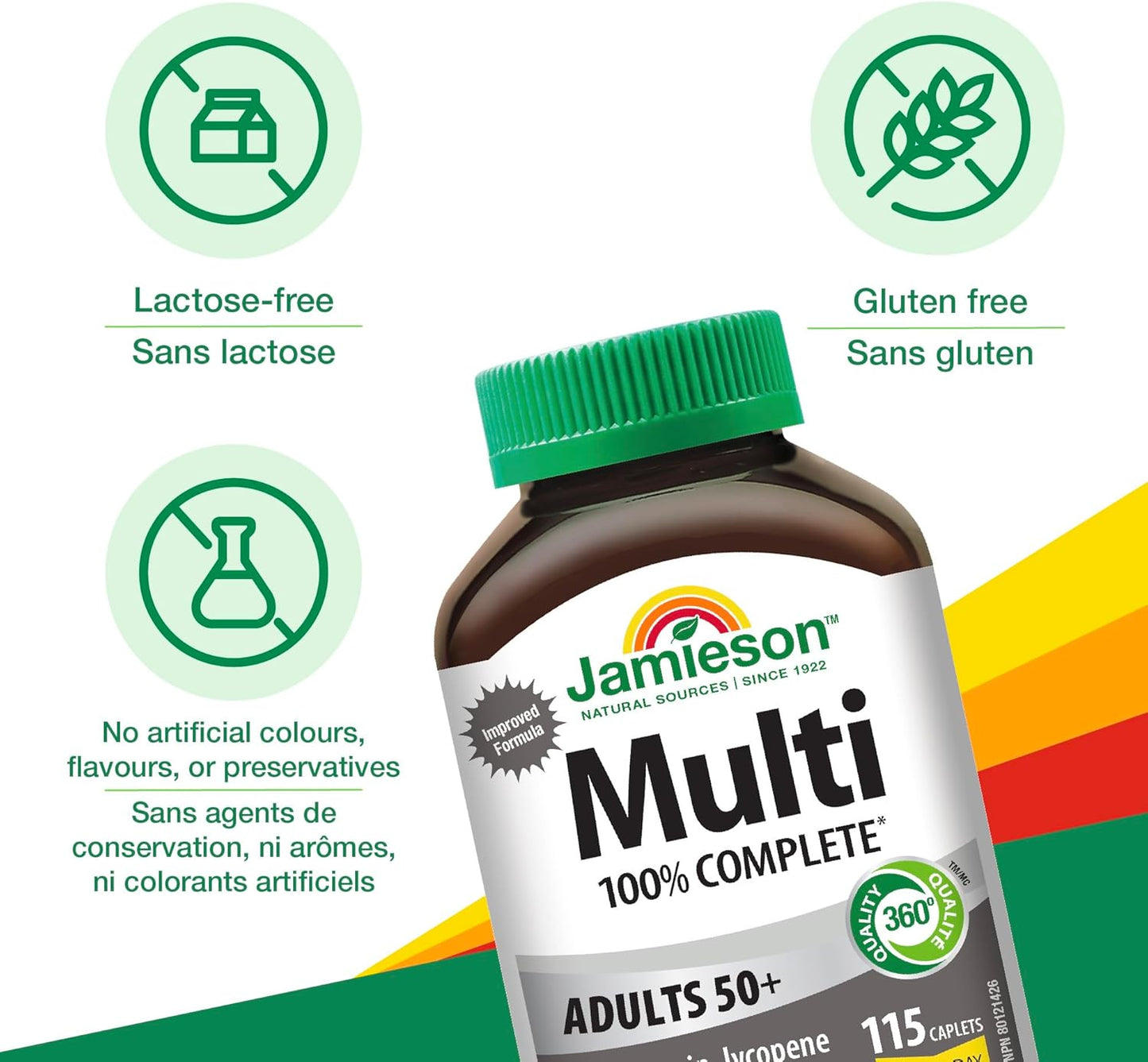 Jamieson 100% 复合维生素,适合 50 岁以上成人,含番茄红素、叶黄素和更多钙。支持免疫力、能量、整体健康、眼部护理和骨骼健康,无麸质,每日一片,115 粒胶囊