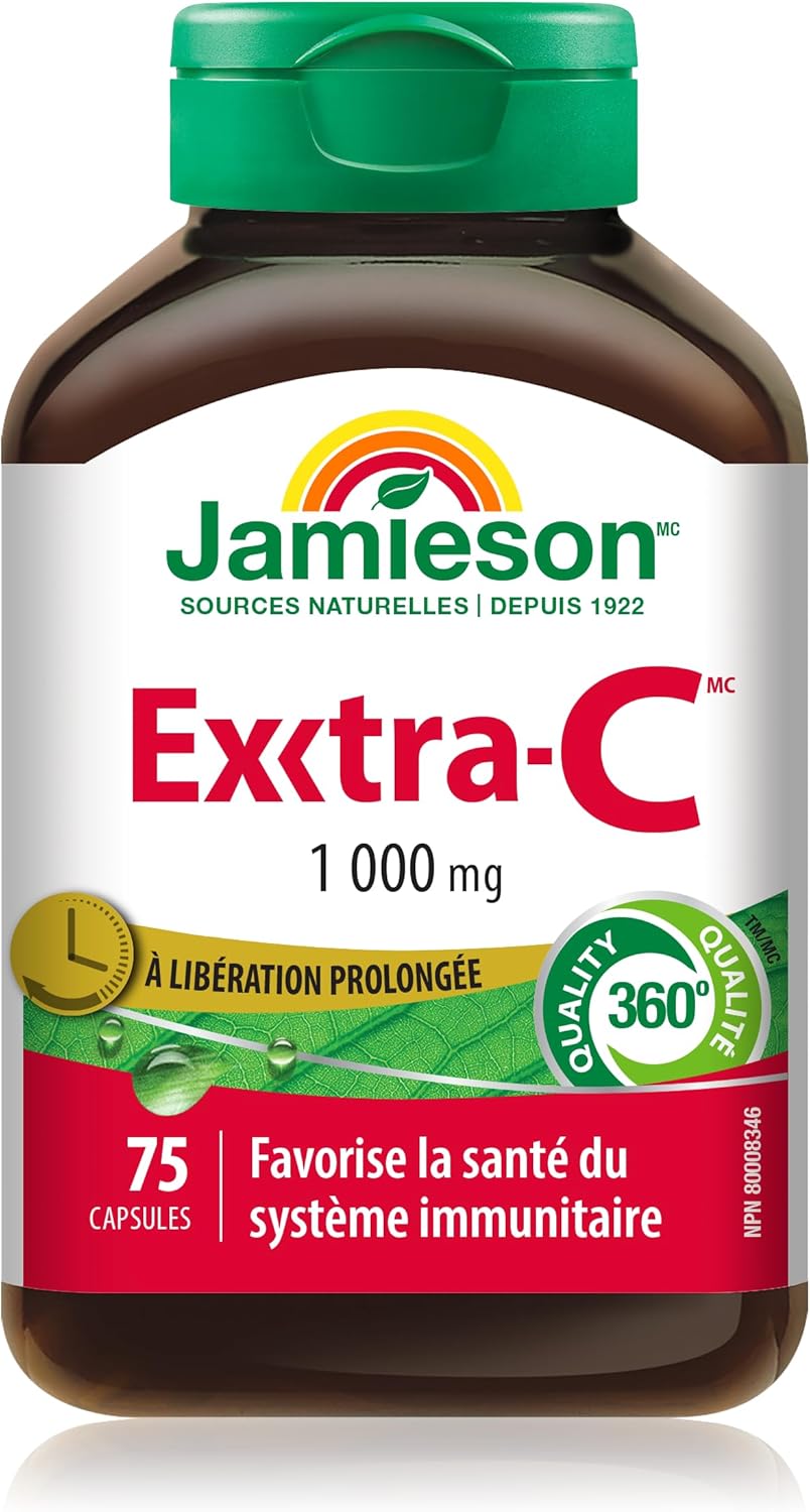 Jamieson 維生素 Exxtra C 緩釋片 1,000 毫克,高效吸收,生物利用度高,溫和不傷胃,支持免疫健康,強健牙齒和骨骼。素食,無麩質,75 粒膠囊,加拿大製造