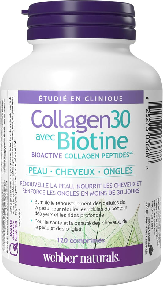 Webber Naturals Collagen30 含生物素,每份含 2,500 毫克生物活性膠原蛋白勝肽和 5,000 微克生物素,120 片,為皮膚、頭髮和指甲提供高級滋養