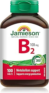 Jamieson 維生素B2核黃素100毫克片,促進新陳代謝,支持能量生成,並促進紅血球健康。素食,無麩質,不含人工香料、色素或防腐劑,100片,自豪地…