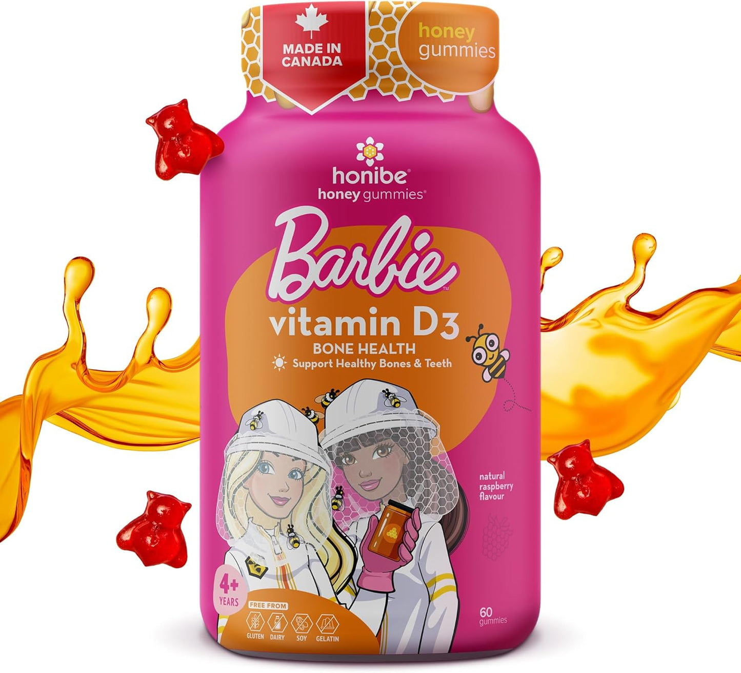 Honibe 维生素 D 软糖,适合儿童和成人,芭比,加拿大制造的蜂蜜维生素,维生素 D3 有助于支持骨骼健康、情绪和免疫系统功能,60 粒软糖