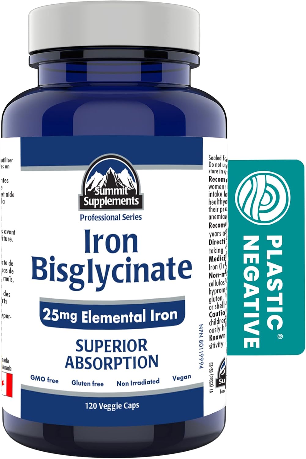 加拿大製造,抗塑膠污染 - 甘氨酸鐵補充劑,120粒素食膠囊,120天用量 - 25毫克元素鐵缺乏症補充劑 - 經第三方測試 - 加拿大配方和製造