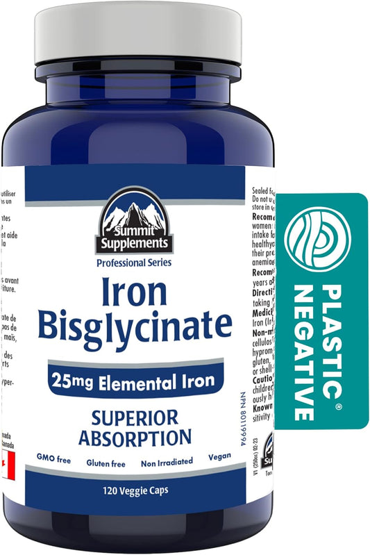 加拿大製造,抗塑膠污染 - 甘氨酸鐵補充劑,120粒素食膠囊,120天用量 - 25毫克元素鐵缺乏症補充劑 - 經第三方測試 - 加拿大配方和製造