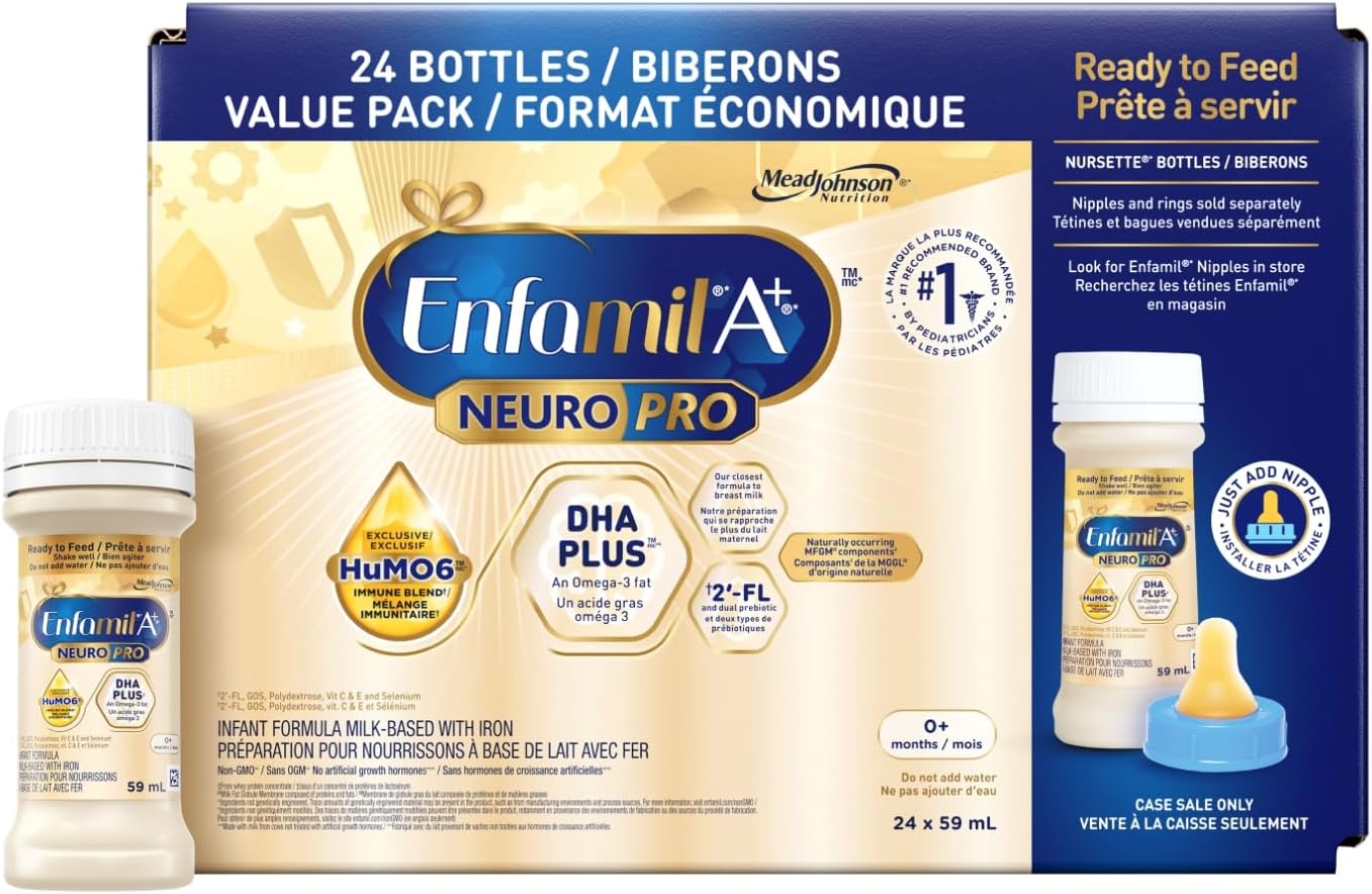 Enfamil A+ NeuroPro 嬰兒配方奶粉,即食型 Nursettes,含促進大腦發育的 DHA 和 2'FL 以增強免疫力,0-12 個月適用,24 x 59 毫升