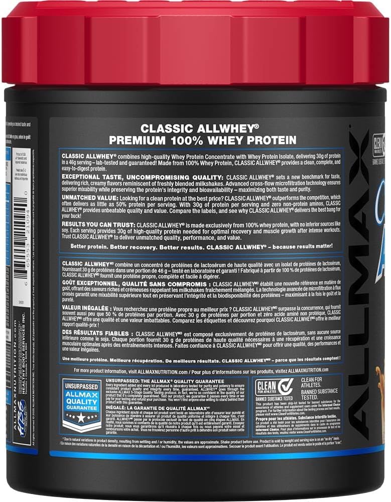 ALLMAX Nutrition ALLWHEY 经典优质乳清蛋白粉,巧克力花生酱味 - 425克 - 每份含30克蛋白质,无麸质,低糖,经实验室测试,9份