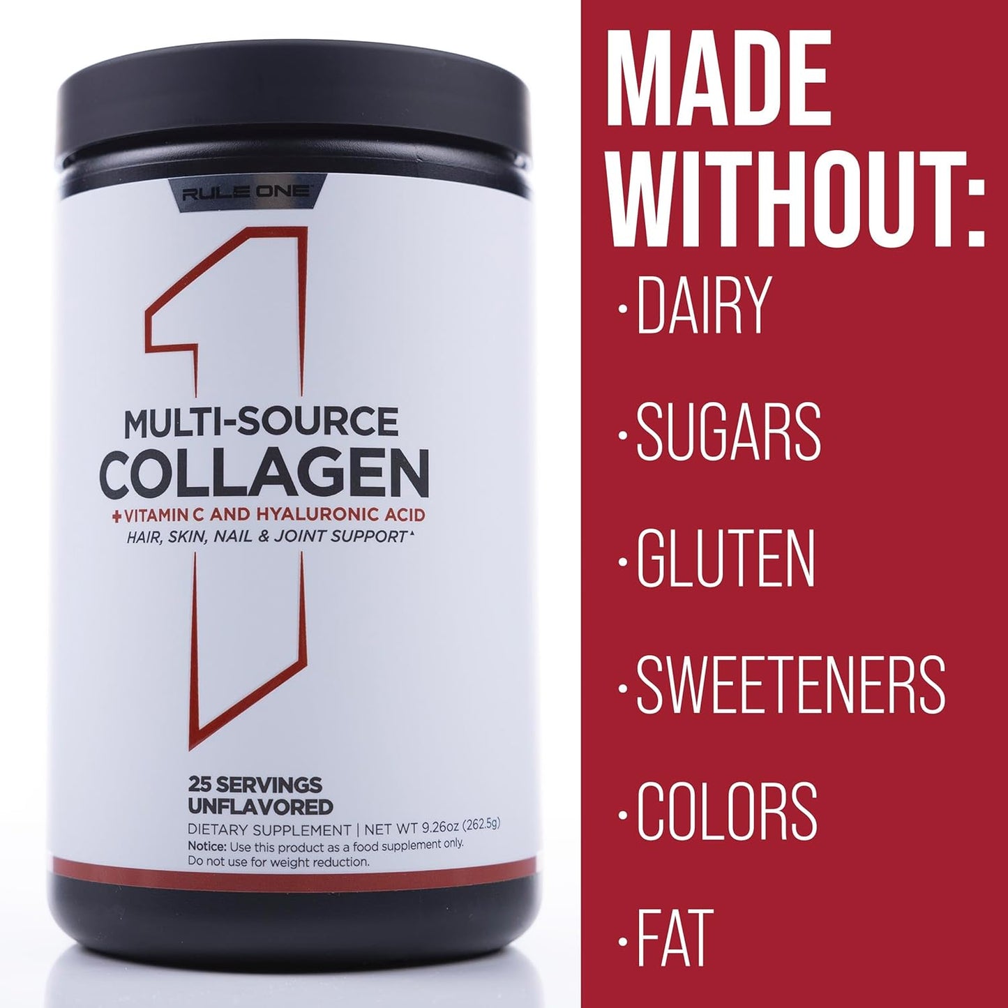 Rule 1 Multi-Source Collagen Powder - Bovine, Chicken, Fish & Eggshell Collagen Sources + Hyaluronic Acid & Vitamin C for Hair, Skin, Nail, Joint, Connective Tissue Support (25 Servings, Unflavored)