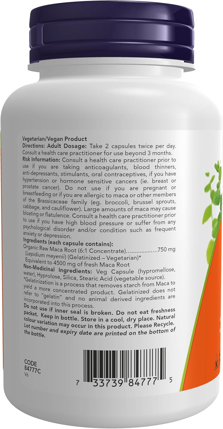 NOW Supplements, 玛卡(Lepidium meyenii)750 毫克生食,生殖健康*,90 粒素食胶囊