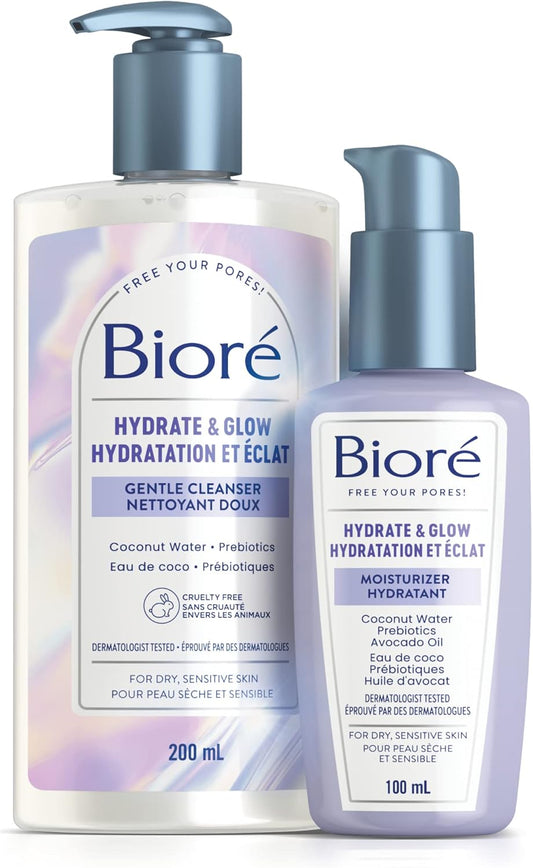 Bioré Hydrate & Glow Cleanser & Moisturizer Duo, for Dry, Sensitive Skin, infused with Prebiotics, Avocado Oil and Coconut Water |Dermatologist Tested, Cruelty Free and Fragrance Free (200mL & 100mL)