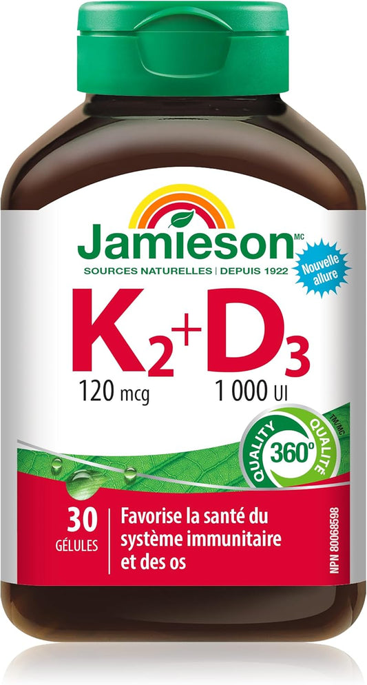 Jamieson 维生素 K 120 微克和维生素 D3 1,000 国际单位软胶囊,支持免疫健康,强健骨骼和牙齿。非转基因,无麸质,30 粒装,加拿大制造