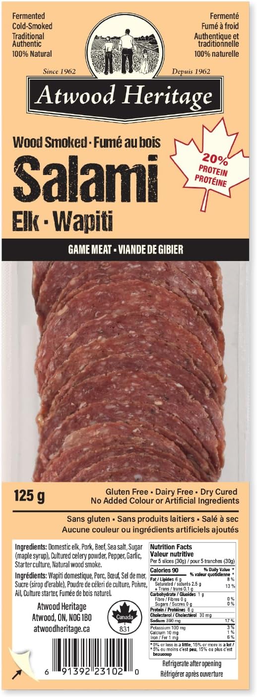 Atwood Heritage Elk, Pork & Beef Sliced Salami, 125g, High-Protein, Gluten-Free, Nitrate-Free, Made in Canada