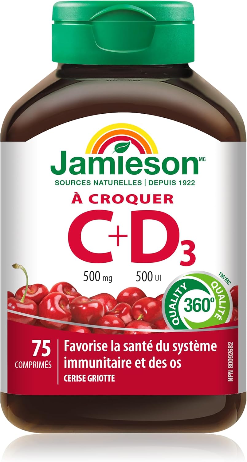Jamieson 咀嚼维生素C 500毫克,含维生素D 500国际单位,酸樱桃味,适合4岁以上儿童,有助于增强免疫力,强健牙齿和骨骼。素食,无麸质,不含人工香料和色素,75粒,配方……