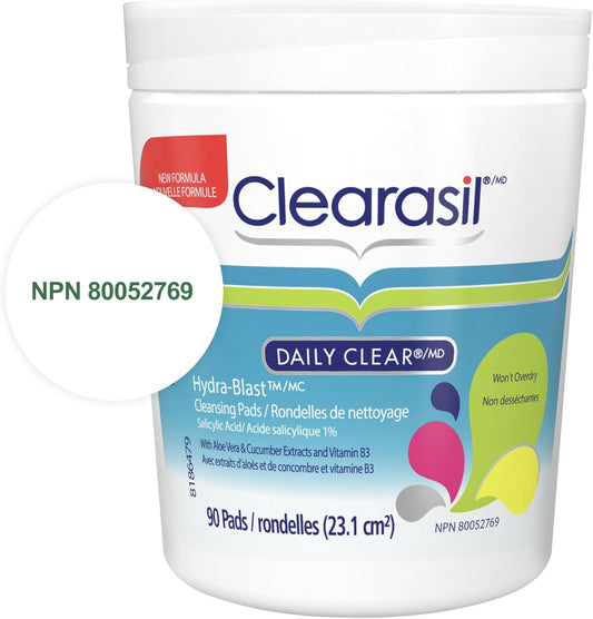 Clearasil, Daily Clear, Hydra-Blast Cleansing Pads, Won't Overdry, Salicylic Acid 1%, 90 Count