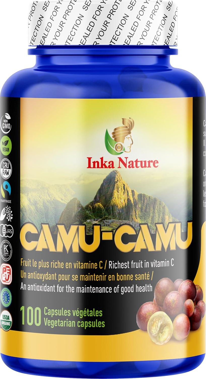 Inka Nature Camu Camu 100 粒素食胶囊,33 天用量,植物性维生素 C 来源,支持能量、活力、皮肤光泽和胶原蛋白形成,易于吸收,非转基因,不含麸质和乳制品