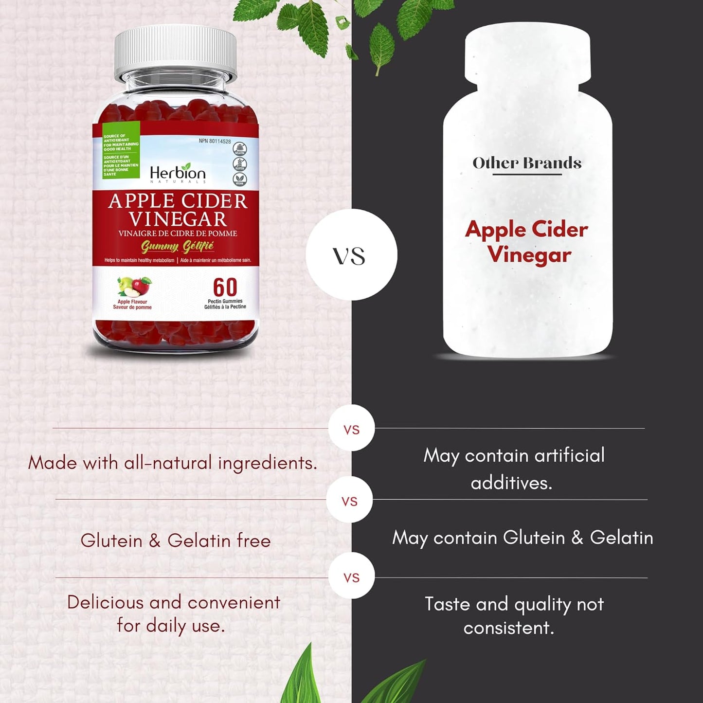 Herbion Naturals 苹果醋软糖,含叶酸、石榴、甜菜根和维生素 B12,是维持身体健康和新陈代谢的抗氧化剂来源,成人适用,60 粒果胶软糖,苹果味