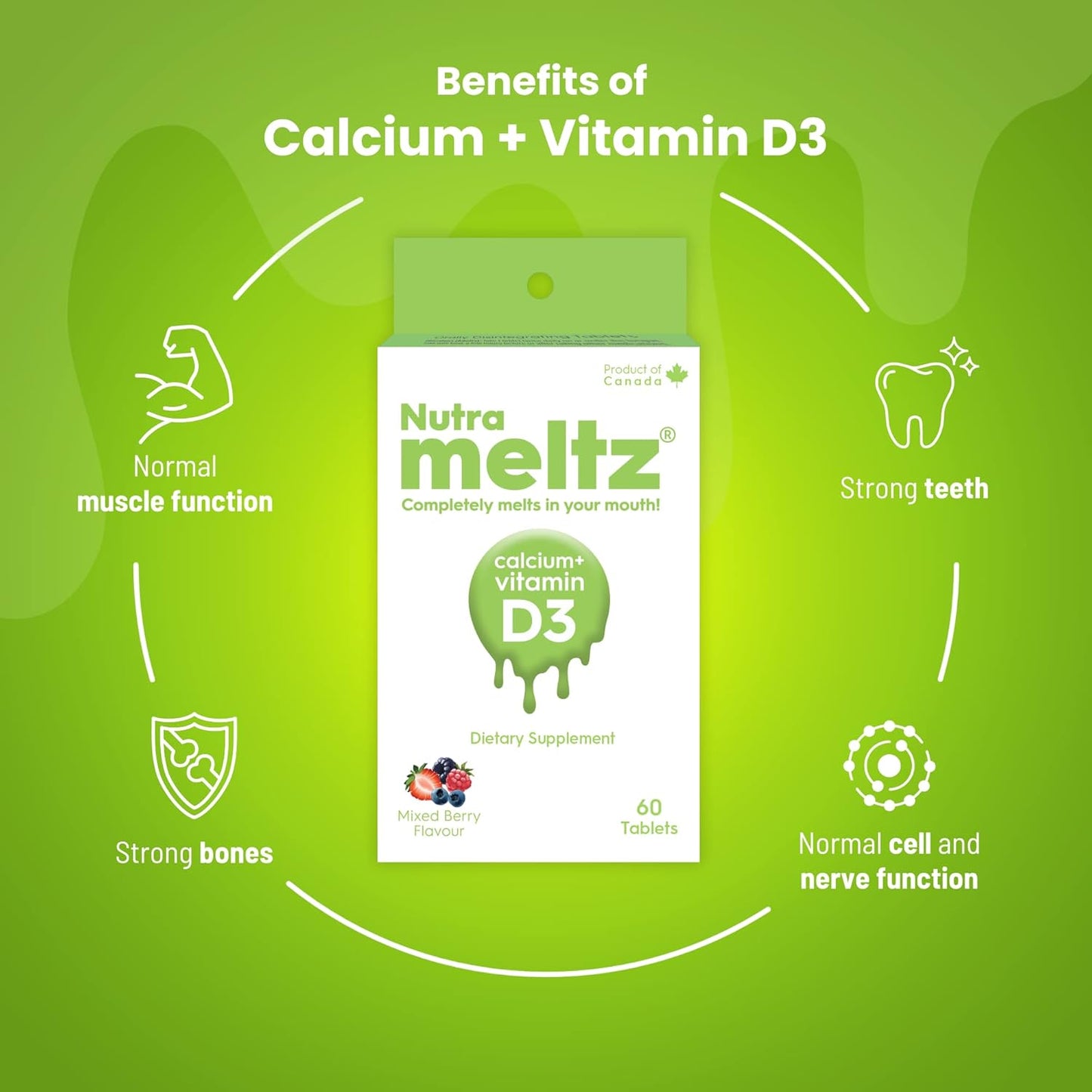 Nutrameltz 鈣 + 維生素 D3 – 促進肌肉功能、強化骨骼和牙齒、增強免疫力、預防鈣 d3 維生素缺乏症速溶片,混合漿果味(60 片)