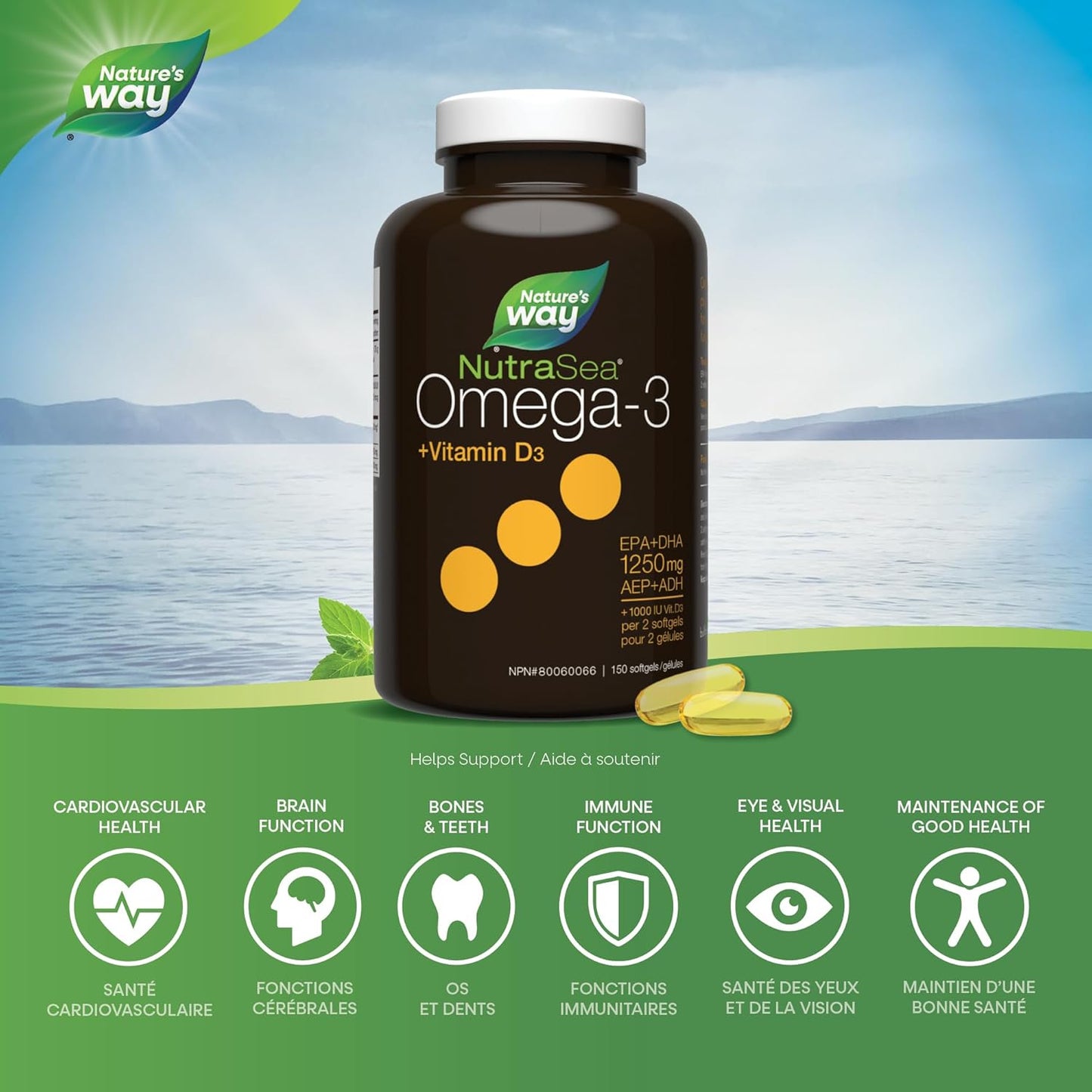 Nature's Way NutraSea+D Omega 3 + 維生素 D 補充劑,新鮮薄荷,150 粒軟膠囊