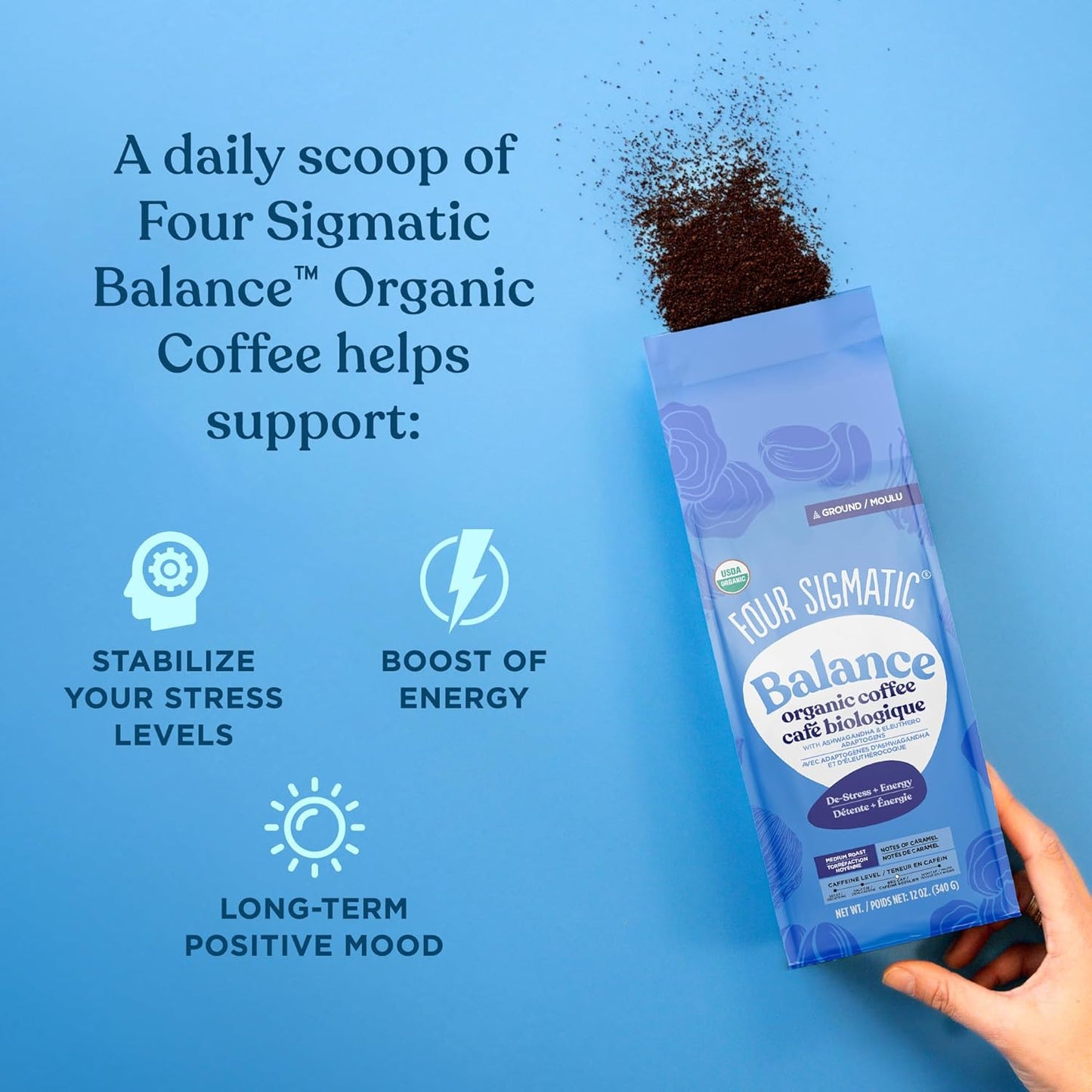 Four Sigmatic 有機平衡適應原研磨咖啡 | 中度烘焙 USDA 有機咖啡,含南非醉茄、白樺茸、刺五加和聖羅勒 | 提升專注力和能量的咖啡 | 12 盎司/袋
