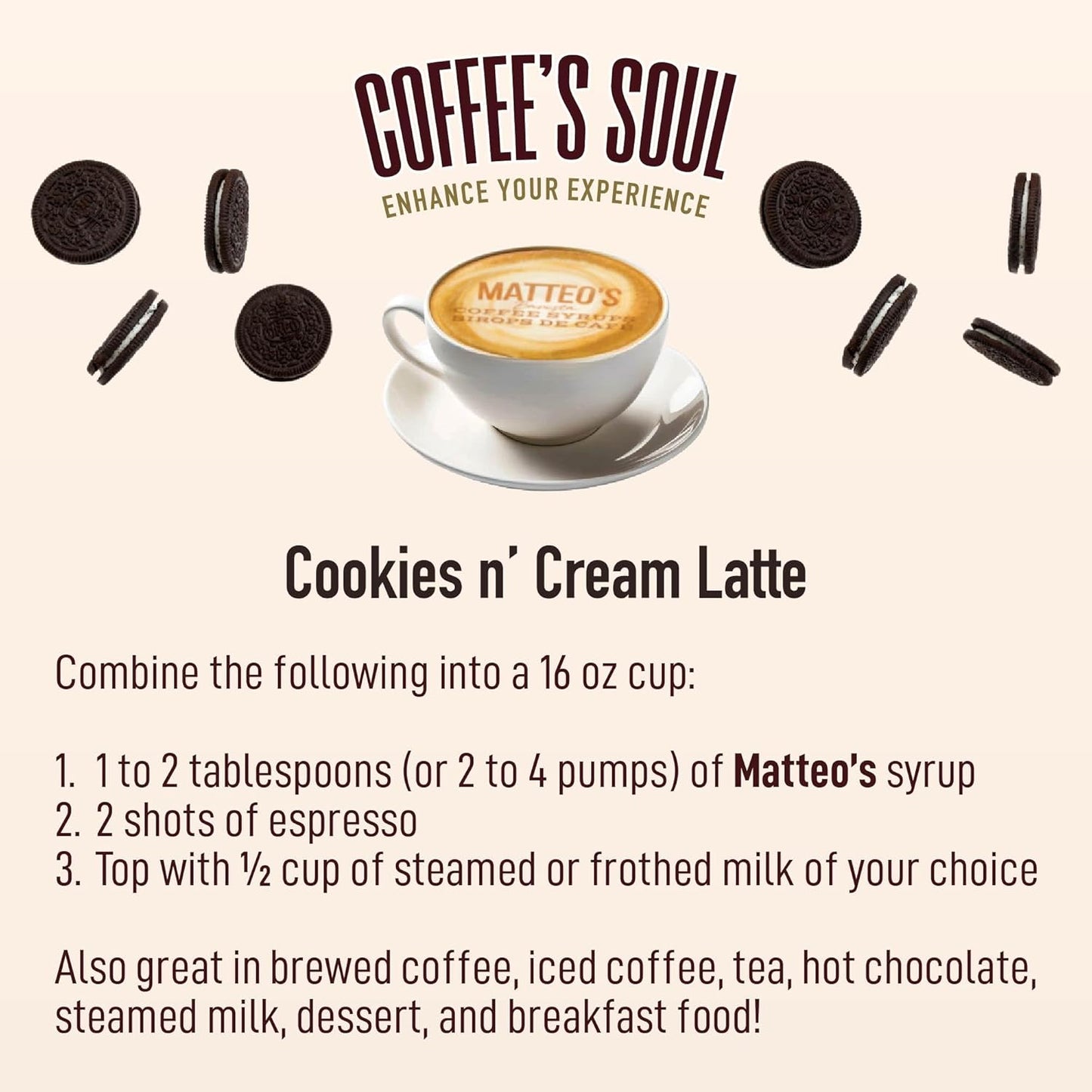 Matteo's Barista 风格无糖咖啡糖浆,曲奇奶油口味,零卡路里和糖,适合生酮饮食,适合拿铁、卡布奇诺、浓缩咖啡、美式咖啡,口感浓郁,25.4 盎司 1 包