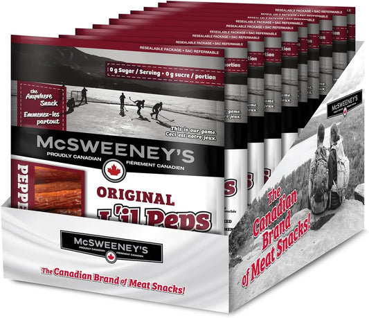 McSweeney's 原味 L'il Peps 干腌意大利辣香肠。100% 加拿大制造,天然烟熏,高蛋白零食,无麸质肉类零食,无需冷藏。150 克(10 包)