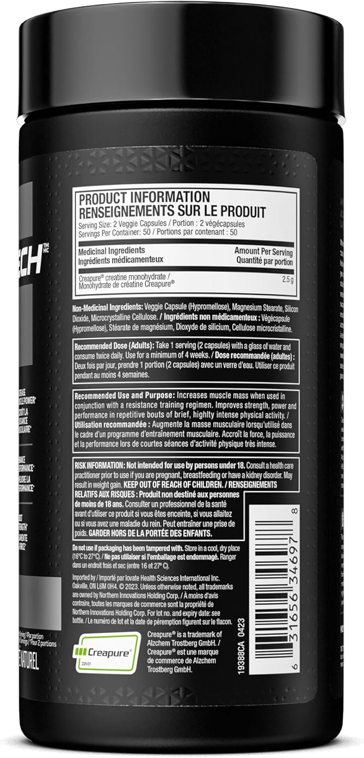 MuscleTech Platinum 100% 肌酸 | MuscleTech | Creapure | 男女增肌增力劑 | 鍛煉恢復補充劑 | 100 粒素食膠囊 | 50 份