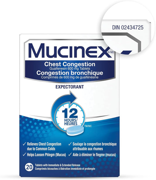 Mucinex, 胸闷,12 小时缓释双层片剂,祛痰,600 毫克,20 片