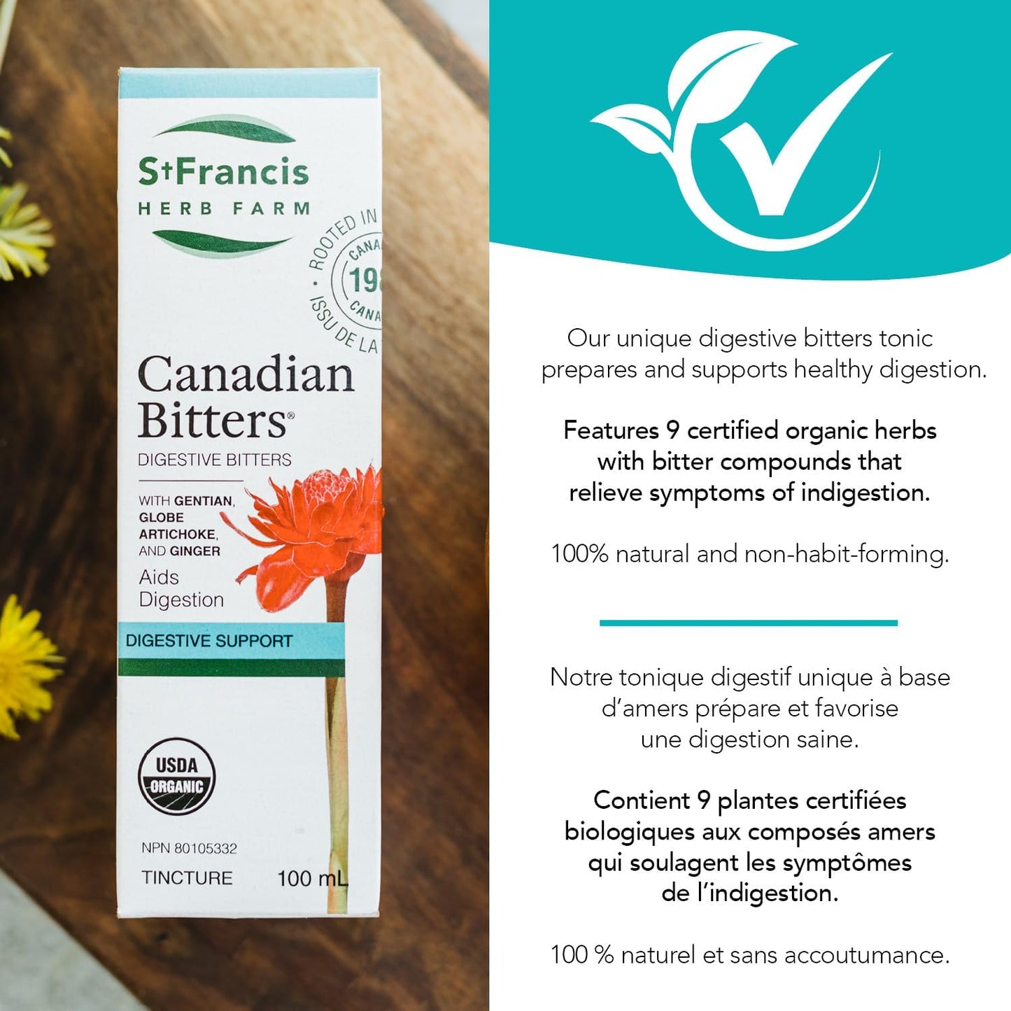 圣弗朗西斯草药农场加拿大苦味酒 (100ml) 天然缓解胃部不适、胃灼热和腹胀 (1 酊剂) 有机认证,不含转基因成分,不含麸质,纯素,素食,加拿大制造,1988 年