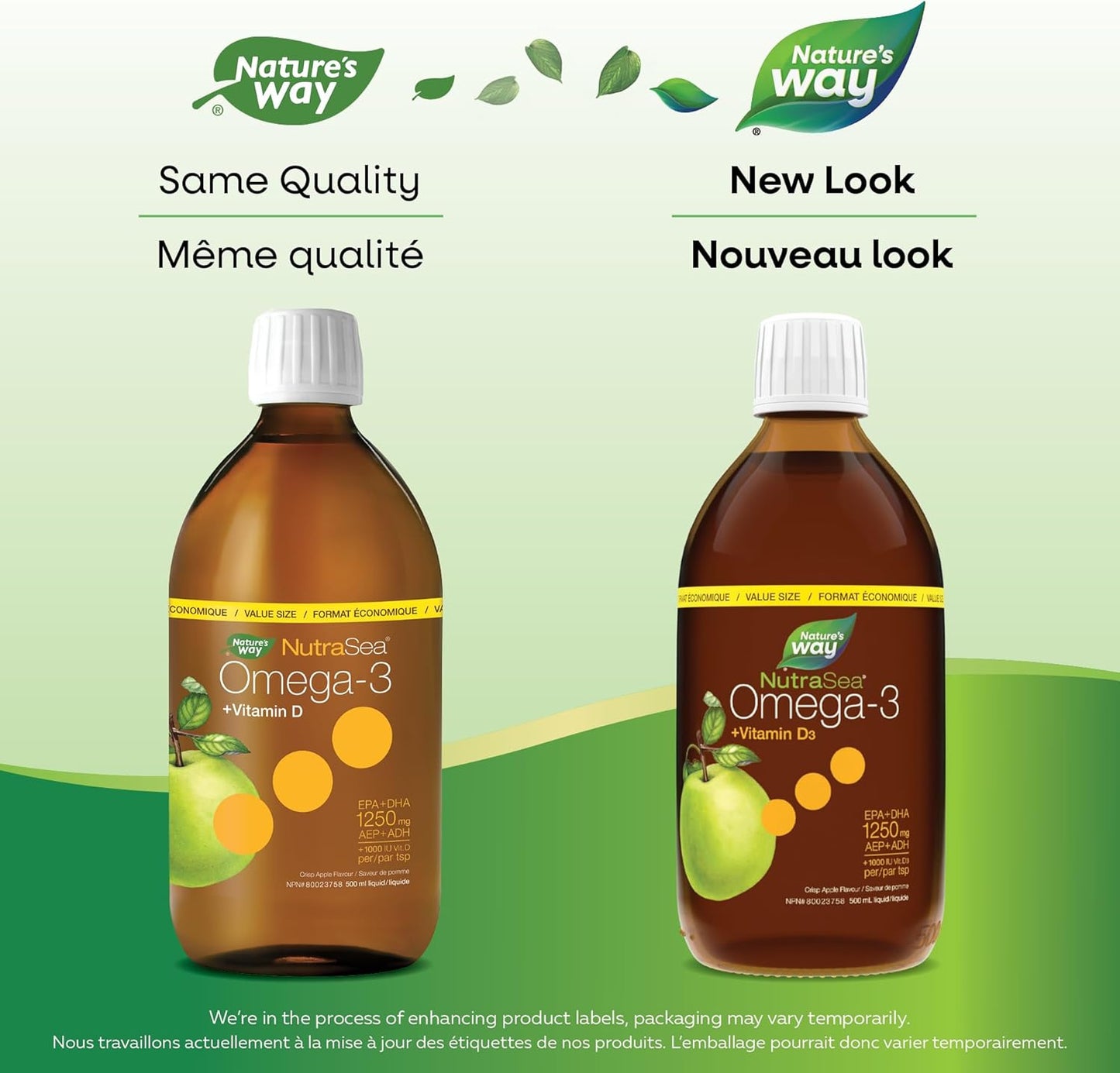 Nature's Way NutraSea Omega-3 和維生素 D 補充劑 - 含 EPA 和 DHA 的魚油 - 支持健康的心臟和大腦,幫助強健骨骼和牙齒並幫助支持免疫系統 - 清脆蘋果味,500 毫升液體,素食…