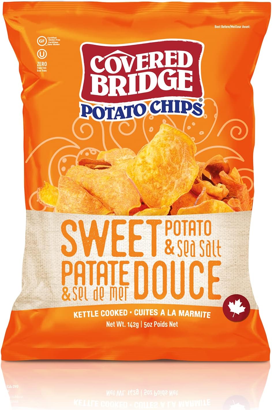 Covered Bridge Chips 薯片 - 红薯和海盐薯片 - 无麸质,犹太洁食认证,红薯水壶烹制,加拿大制造,12 片装,每袋 142 克