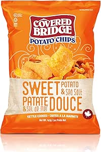 Covered Bridge Chips Potato Chips -Sweet Potato & Sea Salt Chips - Gluten Free, Kosher, Kettle Cooked with Sweet Potatoes, Made in Canada, 12 Count of 142g size bag