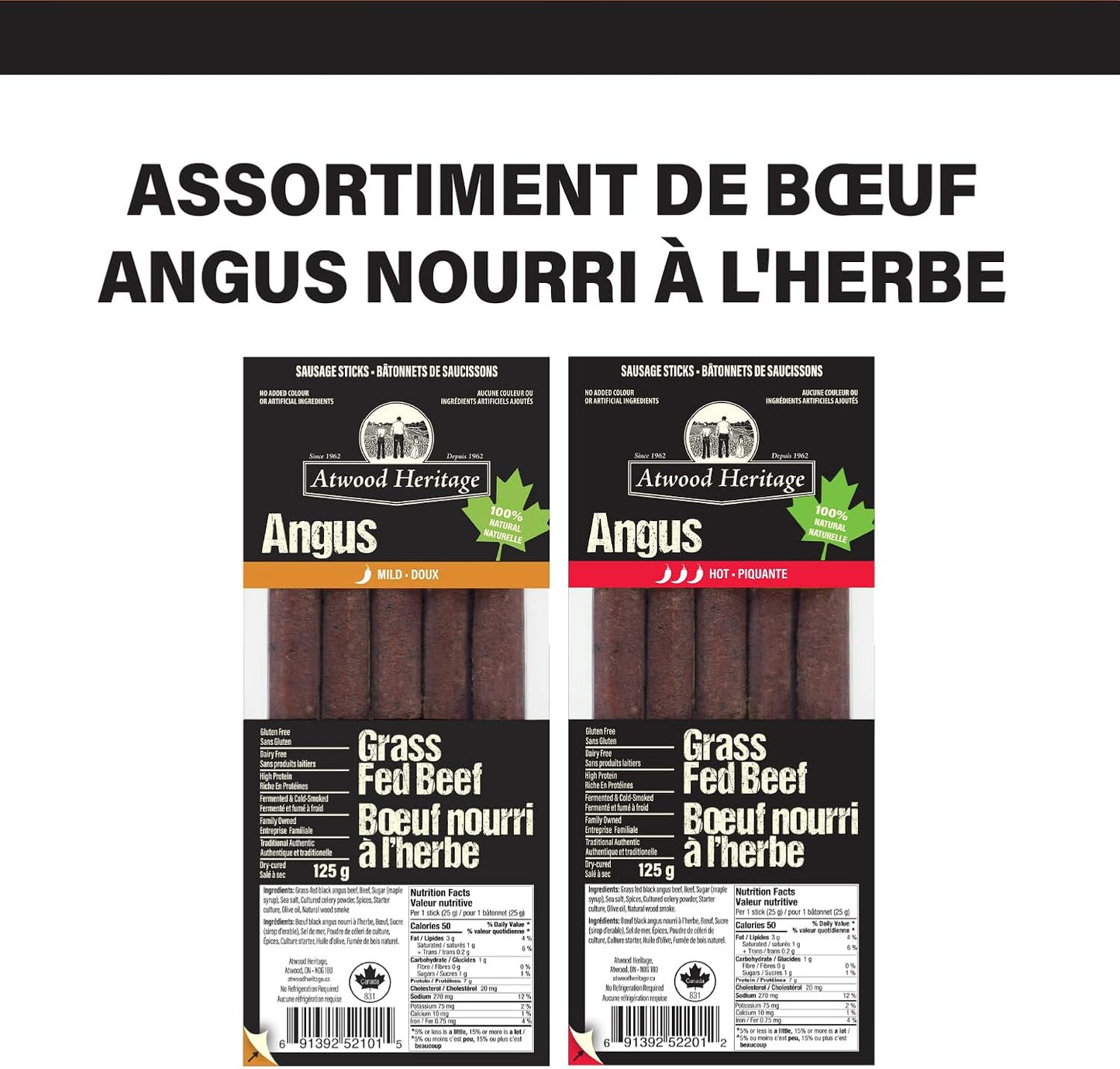 Atwood Heritage 草飼牛肉零食棒,口味溫和,5 根,125 克,高蛋白,無麩質,無硝酸鹽,加拿大製造
