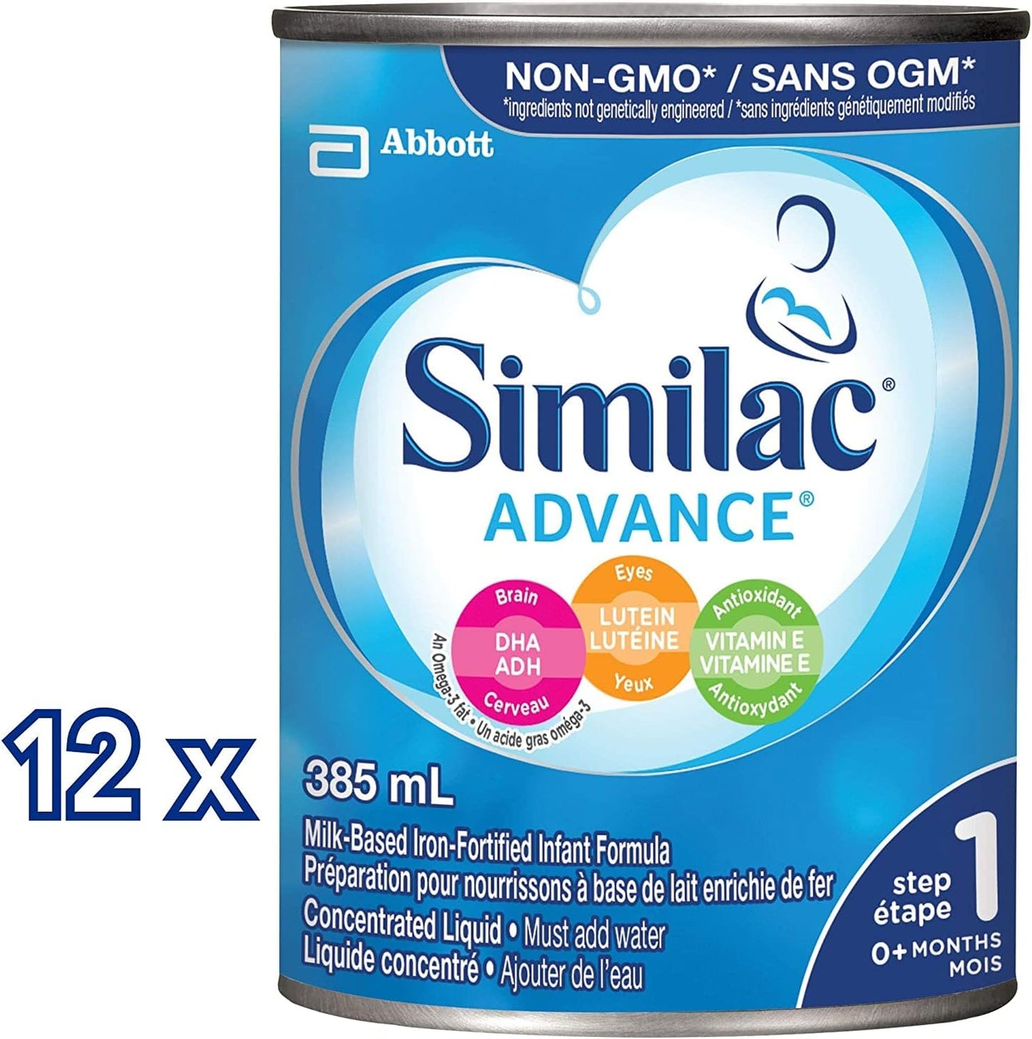 Similac Advance 1 段非基因改造嬰兒配方奶粉,濃縮液,385 毫升,0+ 個月,藍色,12 支裝