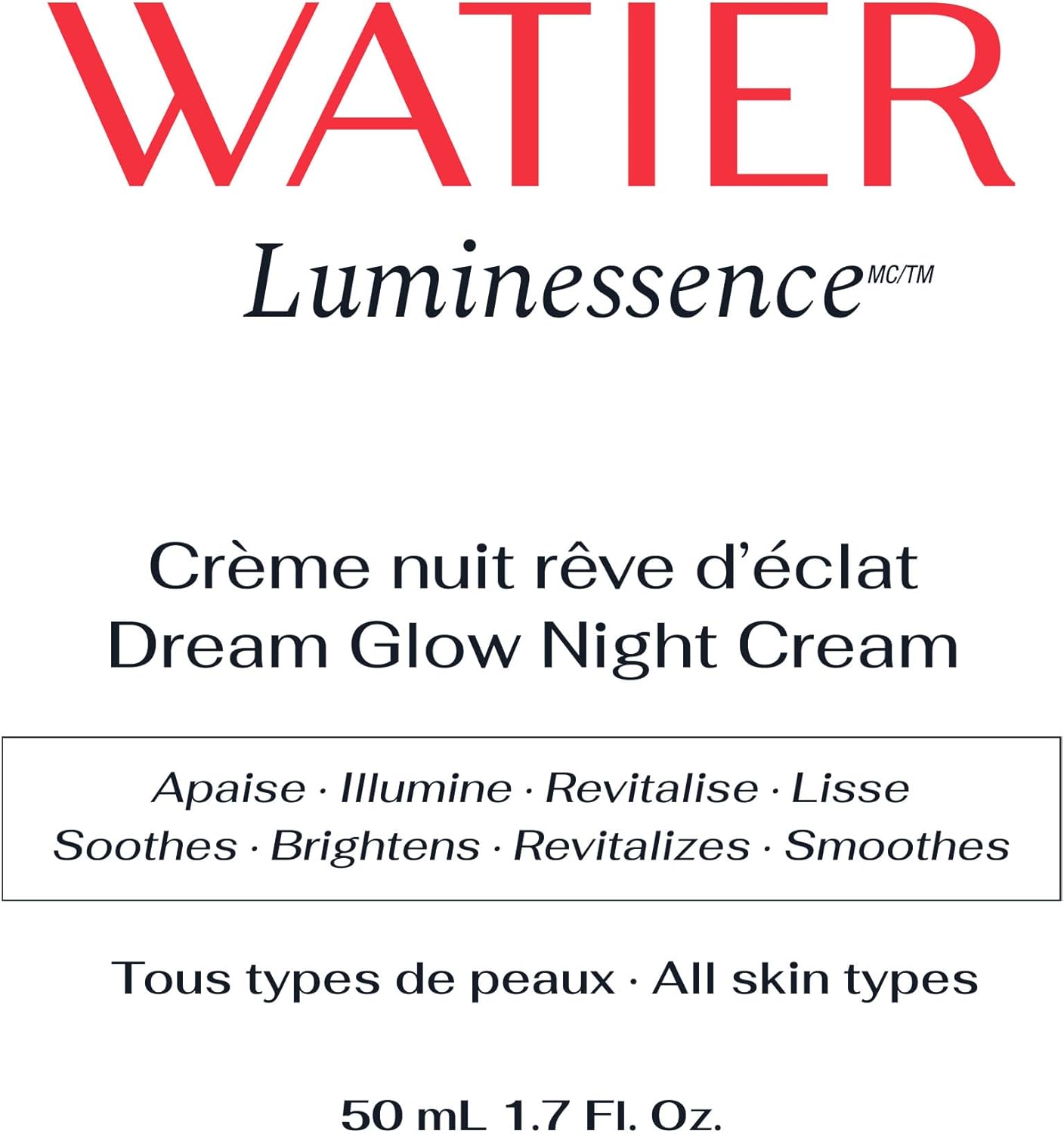 Watier Luminessence Dream Glow 晚霜,含加拿大人參和勝肽,煥發光彩和再生護膚品,乳霜配方,純素,無油,不含防腐劑,50 毫升