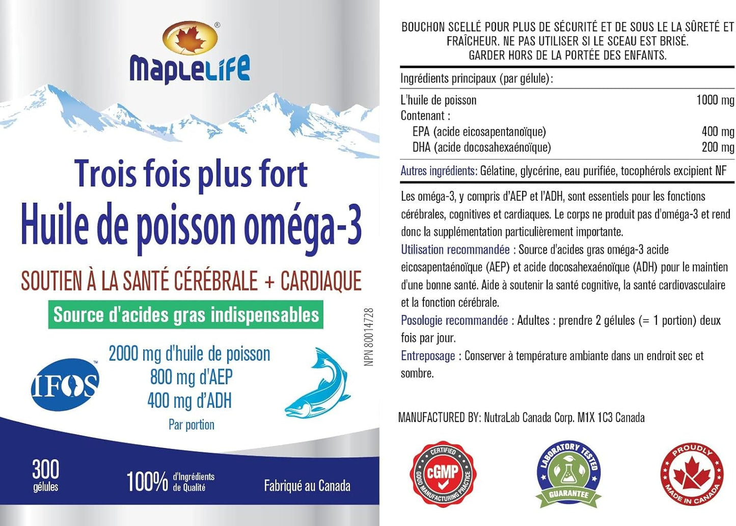 MapleLife Nutrition® - Triple-Strength - Omega-3 Fish Oil - Brain + Heart Health - Essential Fatty Acids - DHA, EPA - Fish Oil Softgel 2000 Mg - 300 softgels