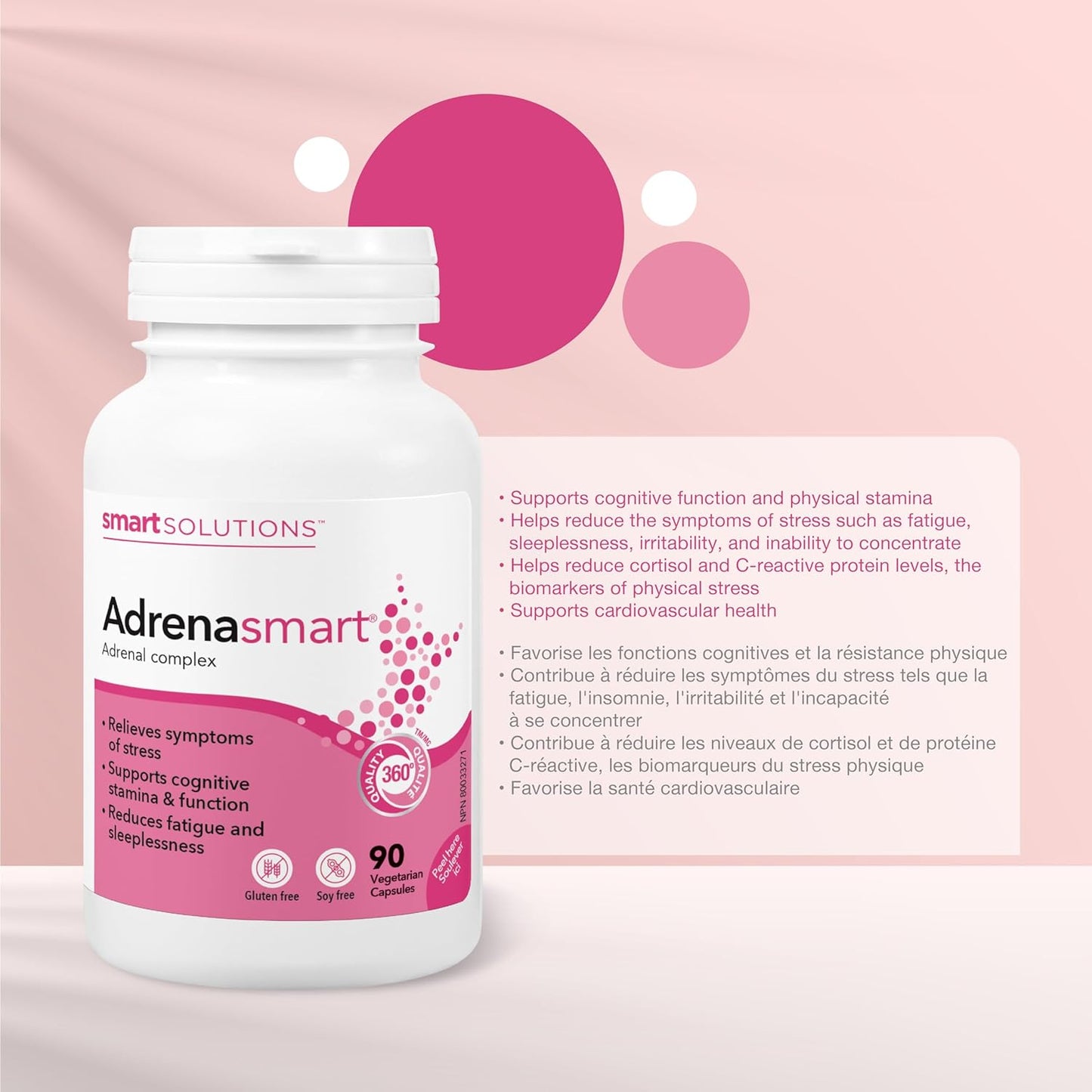 Smart Solutions Adrenasmart 素食膠囊,緩解壓力症狀,增強認知耐力和功能,並減輕疲勞。含 100 毫克紅景天,不含麩質、大豆、人工防腐劑或甜味劑…