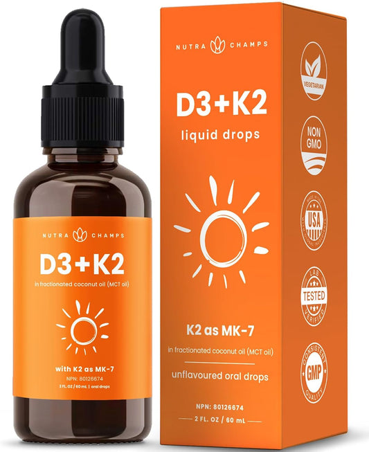 兒童及成人維生素 D3 K2 滴劑 | 每 0.2 毫升含 1000 國際單位 D3 | 60 毫升 | 液體維生素 D3 K2 與 MK7 混合,溶於 MCT 油中,促進吸收 | 骨骼、心臟、免疫健康 | 無味
